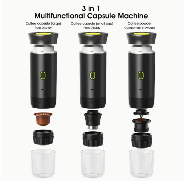 Portable Self-Heating Travel Coffee Maker – USB-C Hot & Cold Brew (Ground + Capsule)