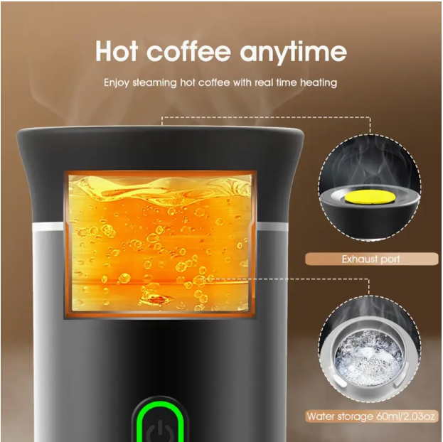 Portable Self-Heating Travel Coffee Maker – USB-C Hot & Cold Brew (Ground + Capsule)