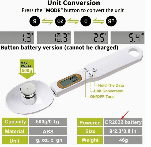 Digital Kitchen Scale Spoon – 0.1 g Precision up to 500 g, LCD Display
