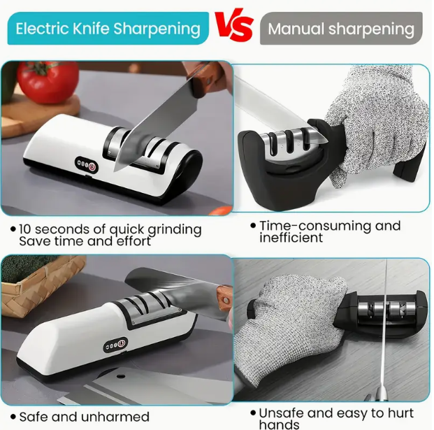 Electric Knife Sharpener – USB Rechargeable, Compact & Fine Grit for Kitchen Knives (Black)