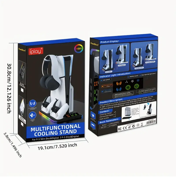 PS5 Cooling Fan & Dual Controller Charging Station with RGB & Accessory Hooks