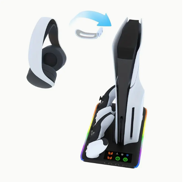 PS5 Cooling Fan & Dual Controller Charging Station with RGB & Accessory Hooks