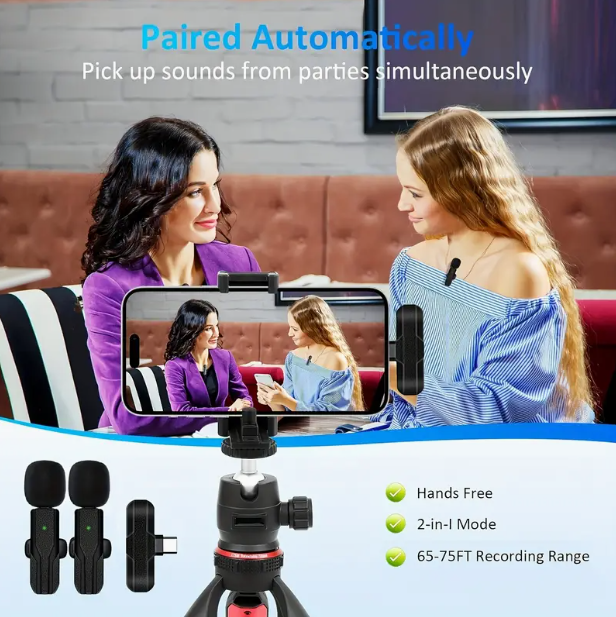 Rotatable Wireless Lavalier Microphone – 2.4 GHz Clip-On Mic with USB-C Rechargeable Battery