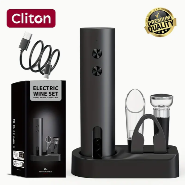 Rechargeable Electric Wine Opener Set — Auto Corkscrew, Foil Cutter, Pourer & Vacuum Stopper