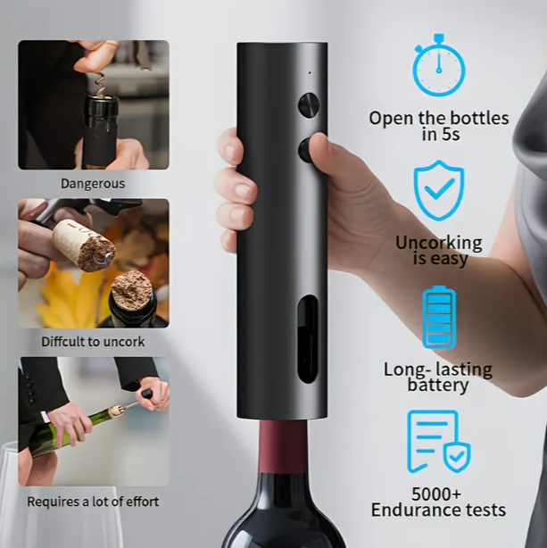Rechargeable Electric Wine Opener Set — Auto Corkscrew, Foil Cutter, Pourer & Vacuum Stopper