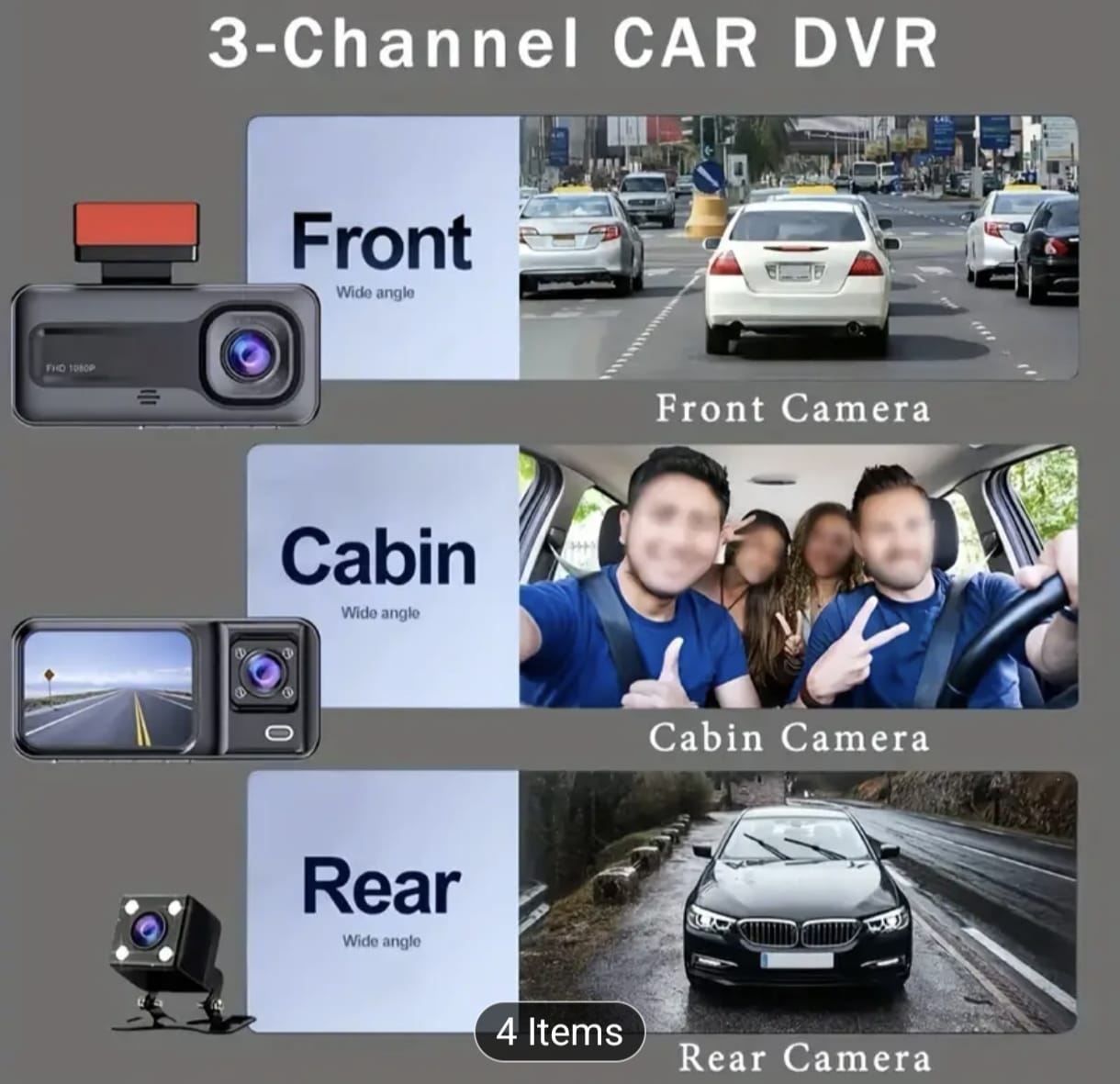 3-Lens HD 1080p Car DVR Dash Cam — Front • Inside • Rear