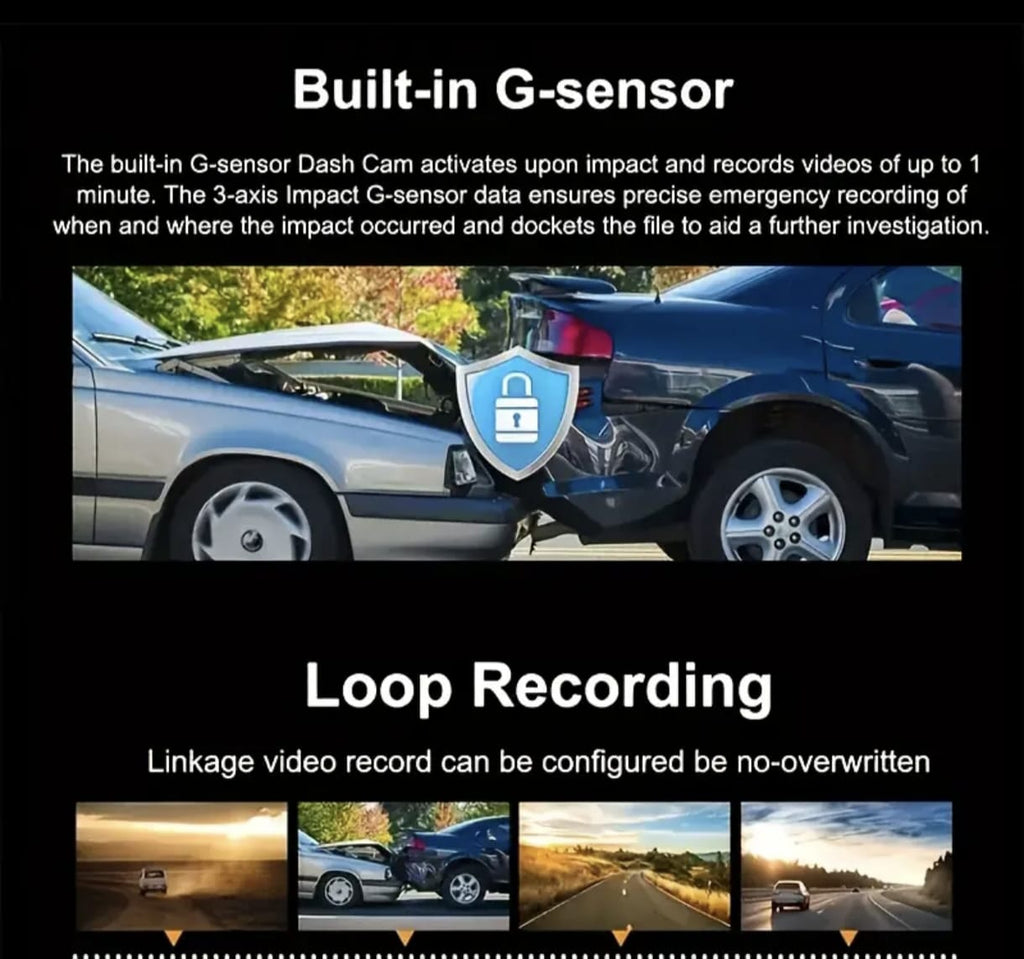 3-Lens HD 1080p Car DVR Dash Cam — Front • Inside • Rear