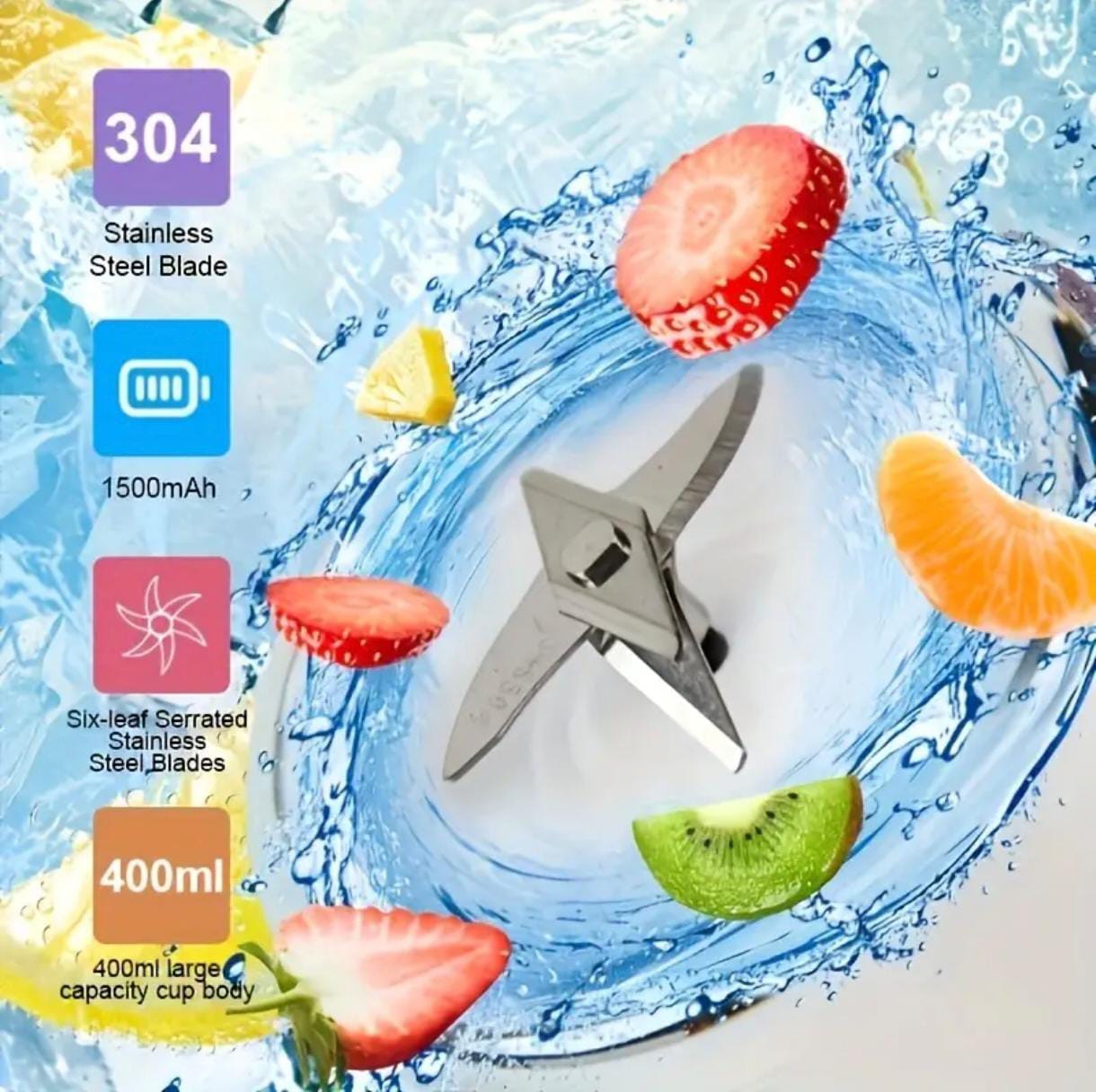 Portable 2-in-1 Blender & Juicer – 6 Blades, USB Rechargeable, Dual Cups