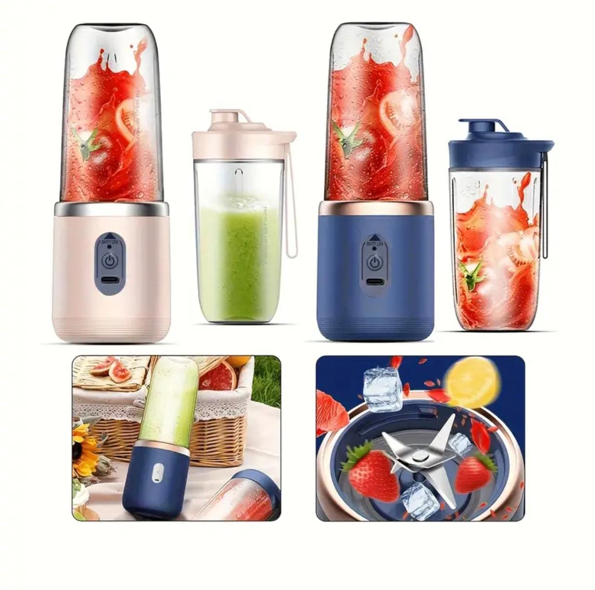 Portable 2-in-1 Blender & Juicer – 6 Blades, USB Rechargeable, Dual Cups