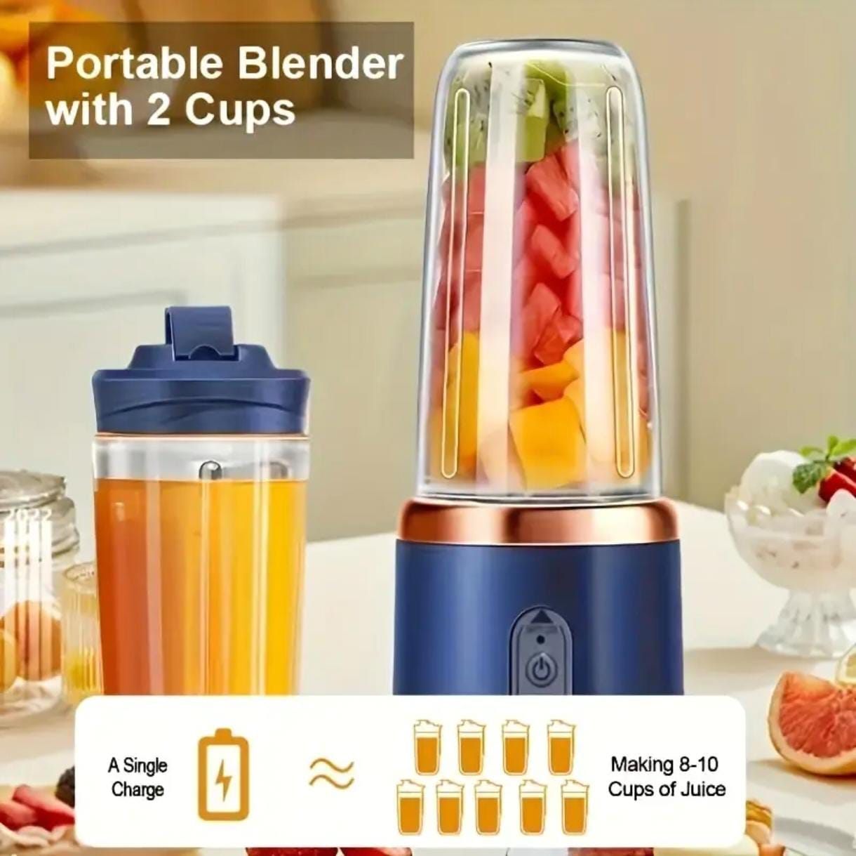 Portable 2-in-1 Blender & Juicer – 6 Blades, USB Rechargeable, Dual Cups