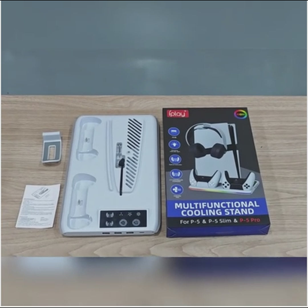 PS5 Cooling Fan & Dual Controller Charging Station with RGB & Accessory Hooks